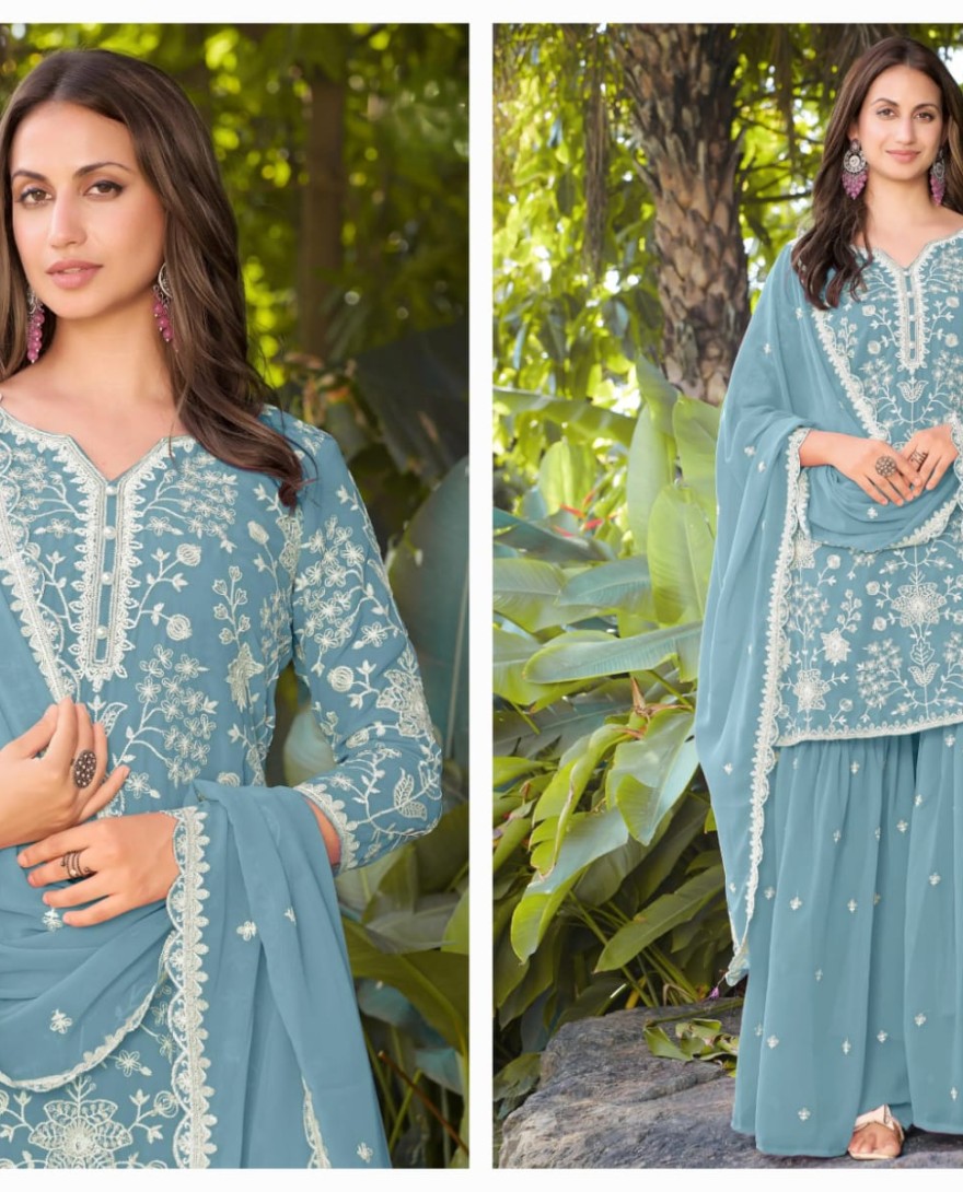 BLUE - Elegant Sky Blue Heavy Embroidery Georgette Designer Palazzo Suit